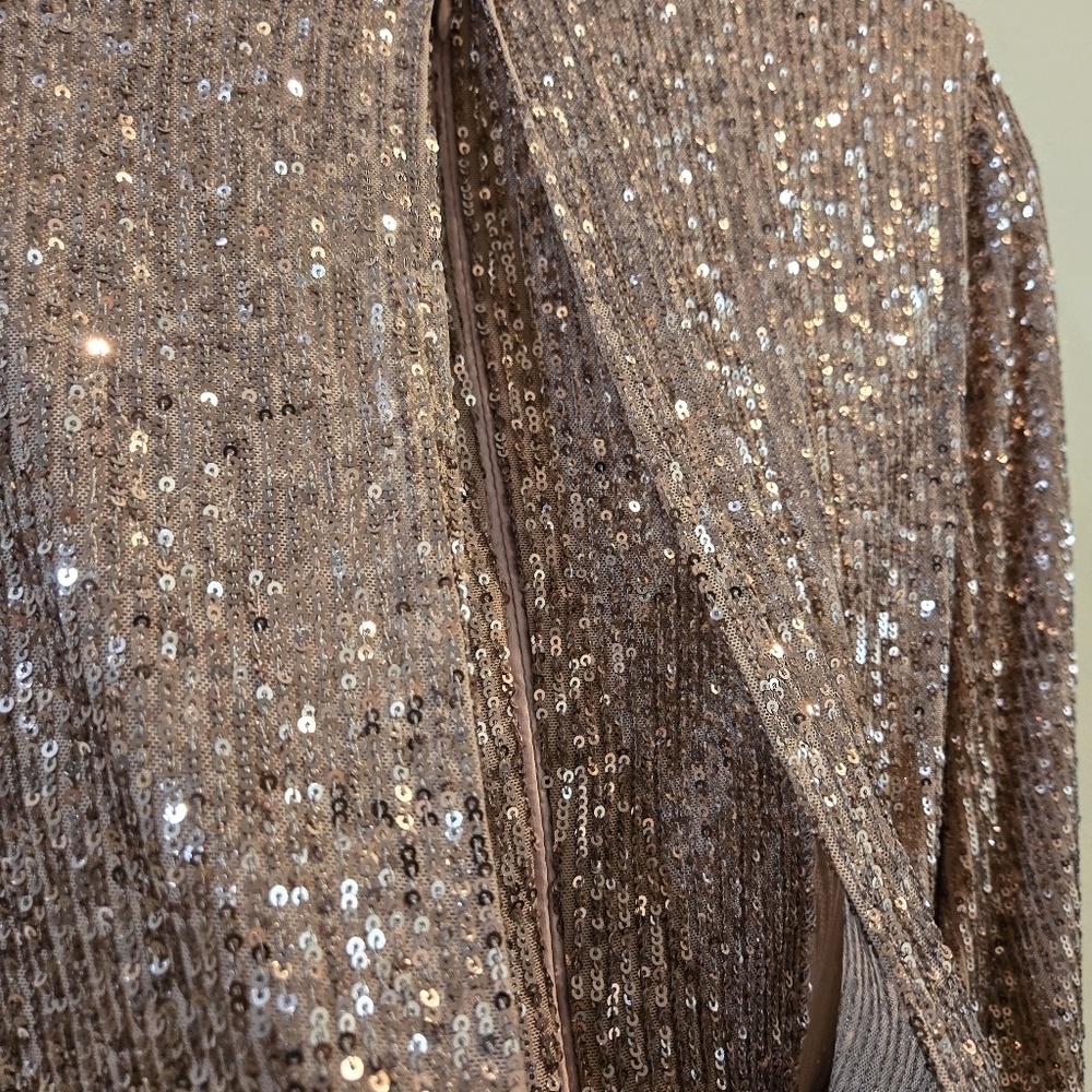 Eliza J Sequin V-Neck Cocktail Mini Dress/ Sheath - Rose Gold/Baloon Sleeves NWT - Picture 12 of 16